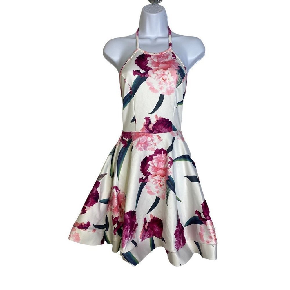 January 7 Womens Fit Flare Dress White Pink Floral Sleeveless Halter Neck S New
